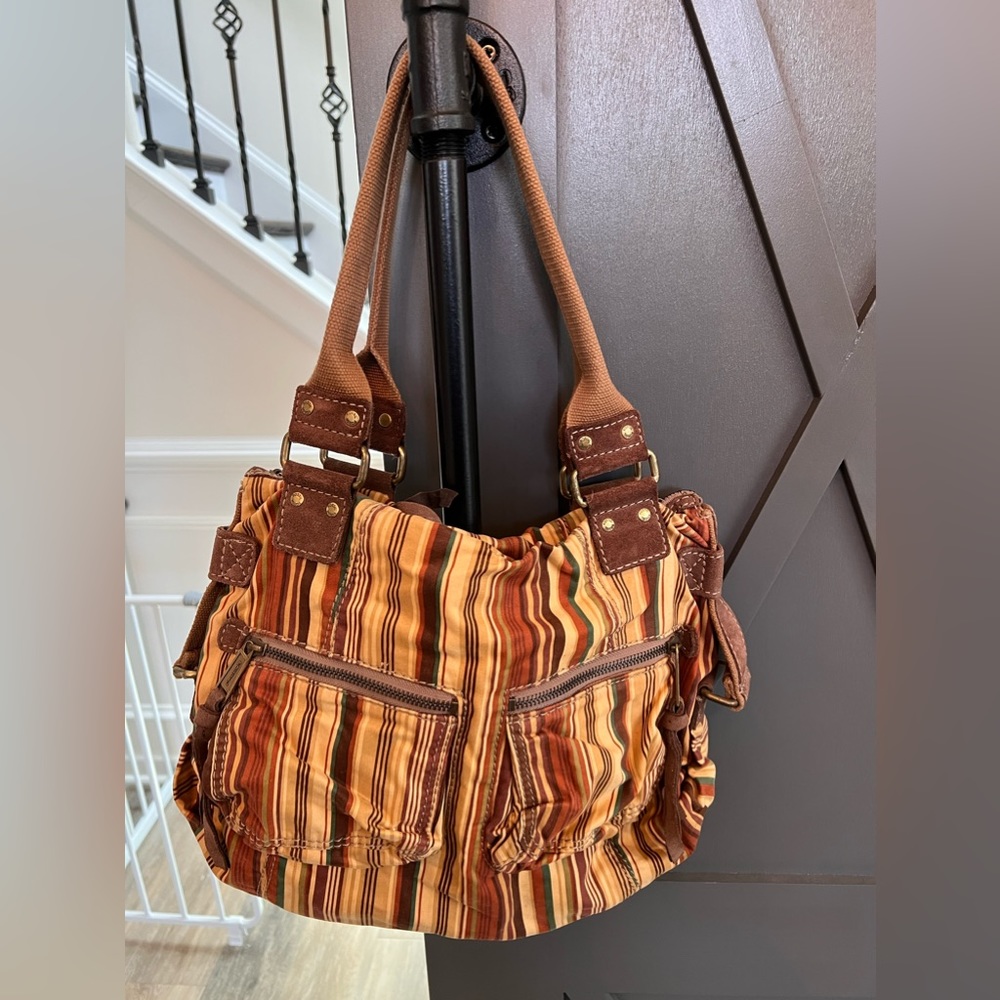 Fossil striped fabric shoulder bag fall color pallet tons of pockets